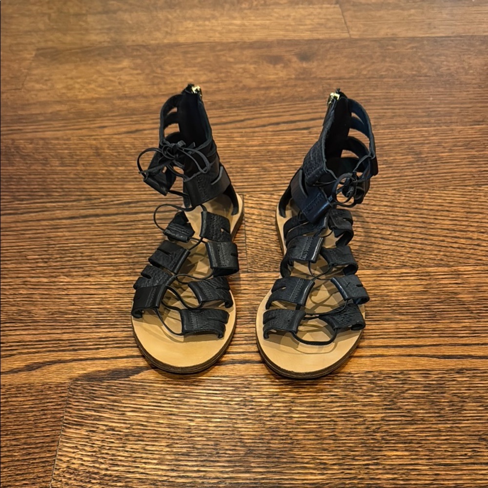 J. Crew Black and Tan Gladiator Sandals with Intricate Straps